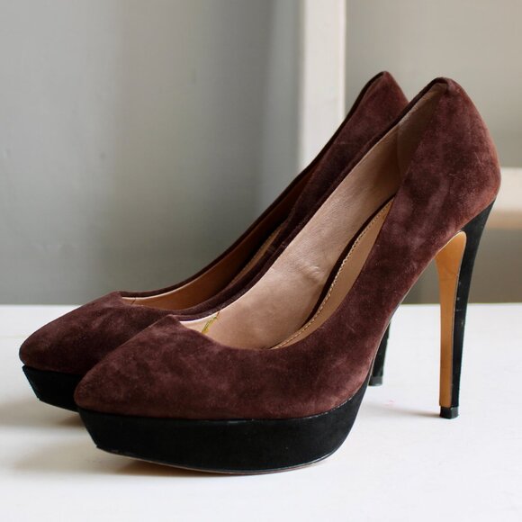 Vince Camuto Black Brown Ritz Suede Two-Tone Colorblock Platform Heels Size 8.5 - Picture 2 of 5